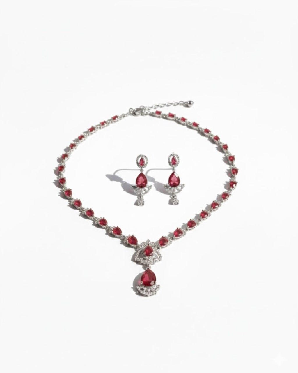 Ruby Teardrop CZ Necklace Set | Rhodium-Plated Red & White Cubic Zirconia Festive Statement Jewellery