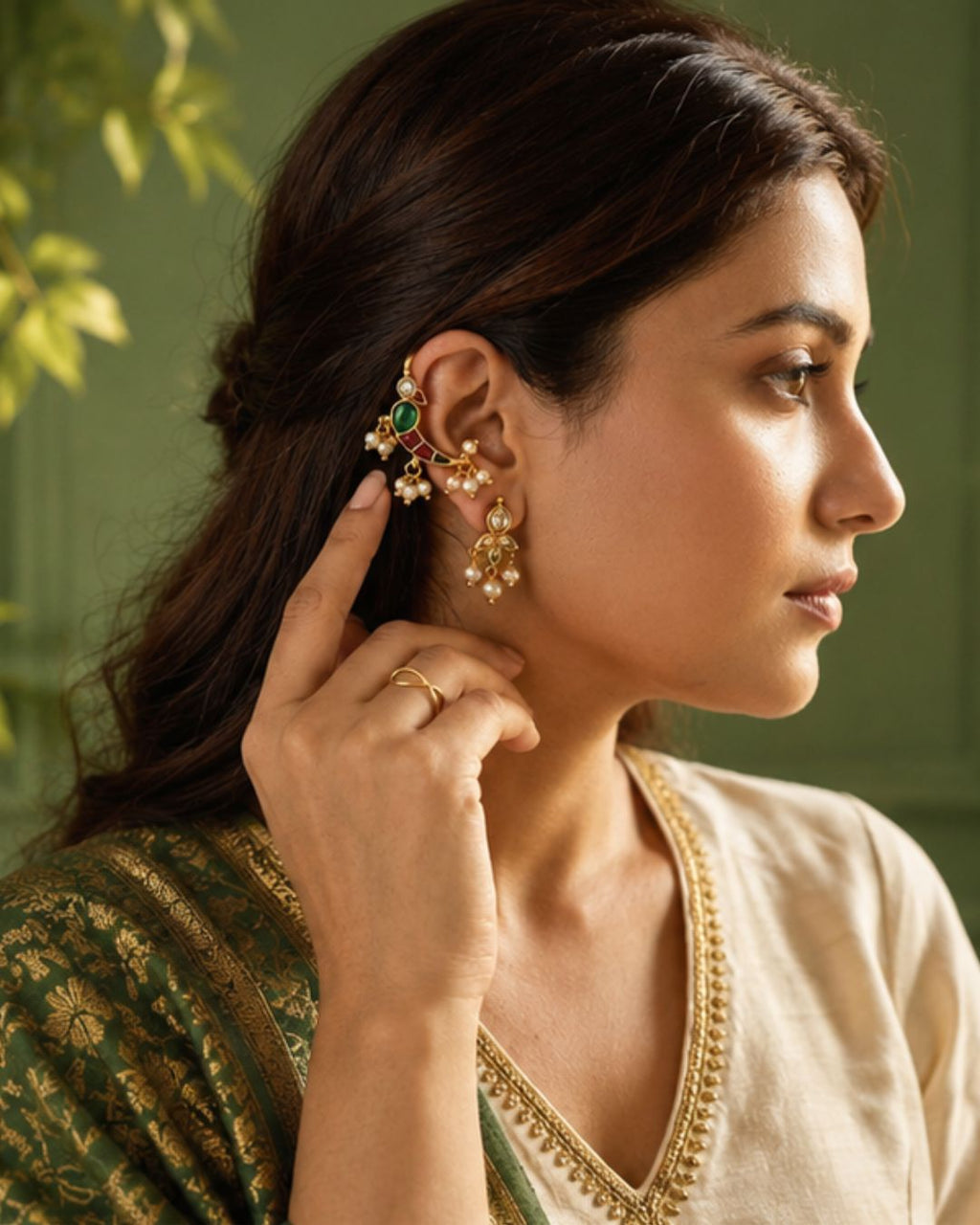 Mayura Green Red White Parrot Ear Cuff with Pearl Drops | Wear as Bugadi or Hair Pin Alloy Drops & Danglers, Cuff Earring