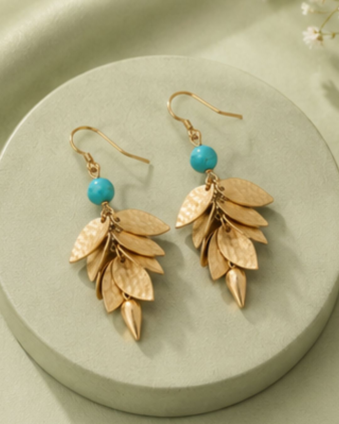Turquoise Leaf Cascade Drop Earrings | Gold-Tone Statement Earrings