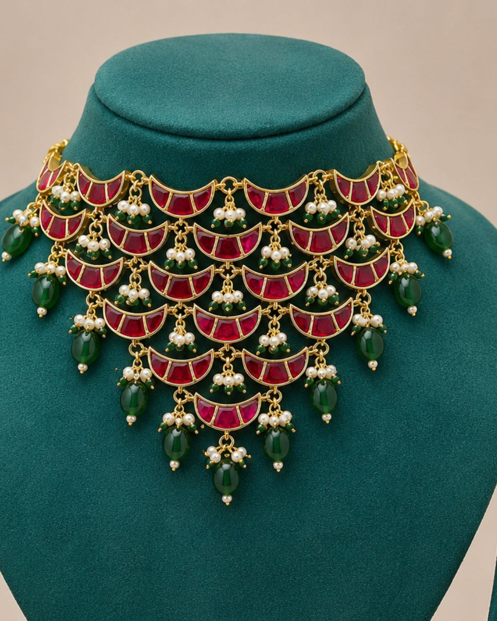 Noor Pearl Cascade Choker Set | CZ Bridal & Festive Jewellery (White/Red)