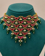 Noor Pearl Cascade Choker Set | CZ Bridal & Festive Jewellery (White/Red)