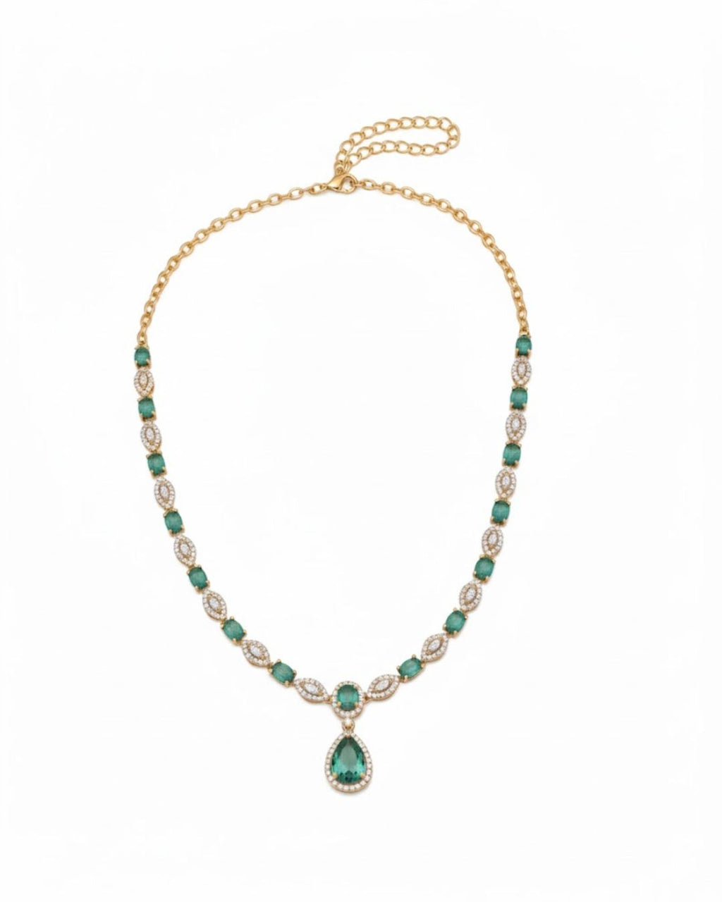 Emerald Halo Link Necklace Set | 18K Gold Plated Green & White Stone Studded Indian Cocktail Jewellery