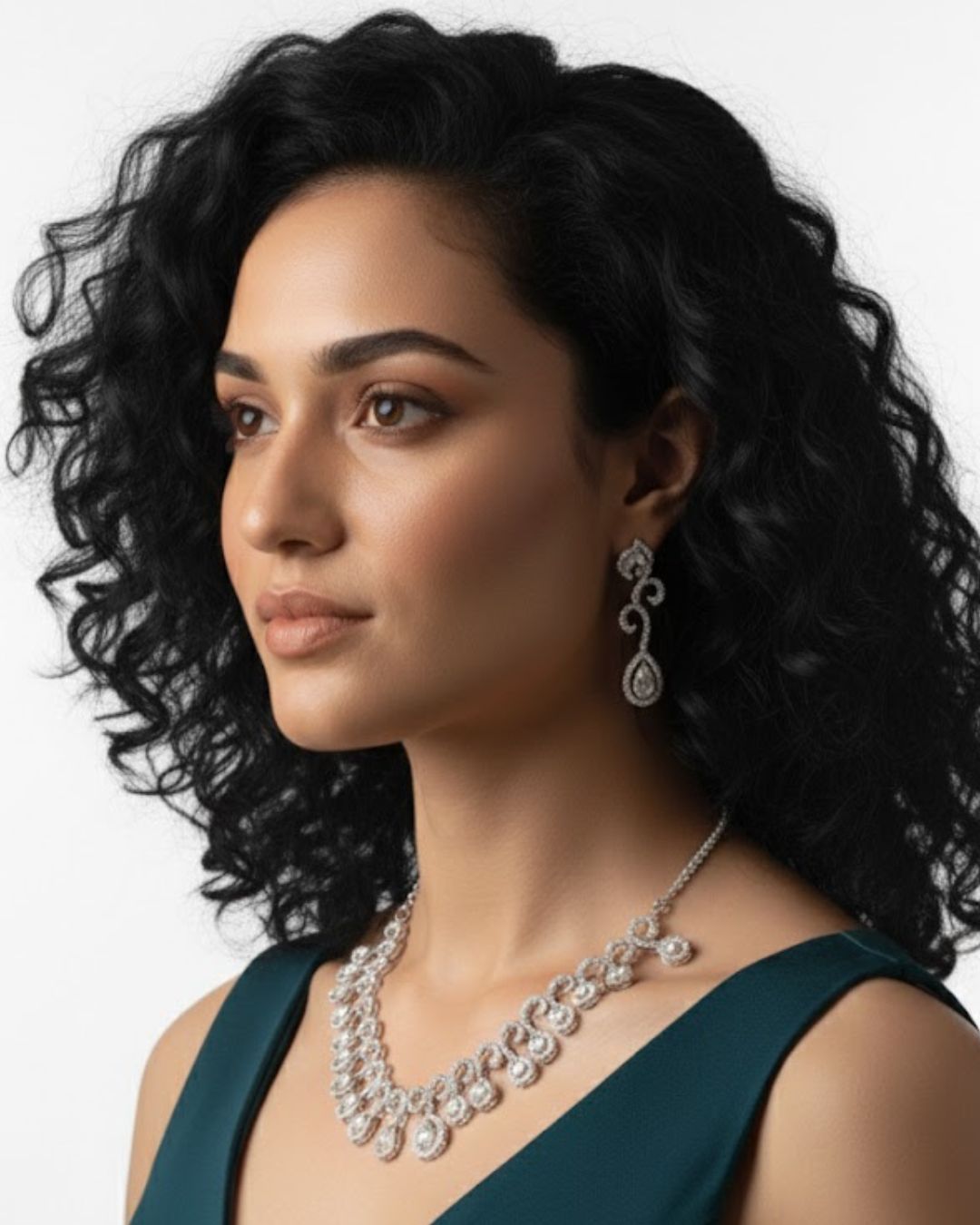 Teardrop Halo CZ Necklace Set | Rhodium-Plated White Stone Cubic Zirconia Diamond-Look Cocktail Jewellery