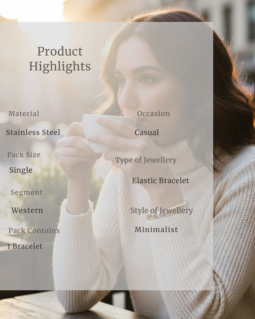 Woman wearing a white turtleneck sweater with product details overlayed.