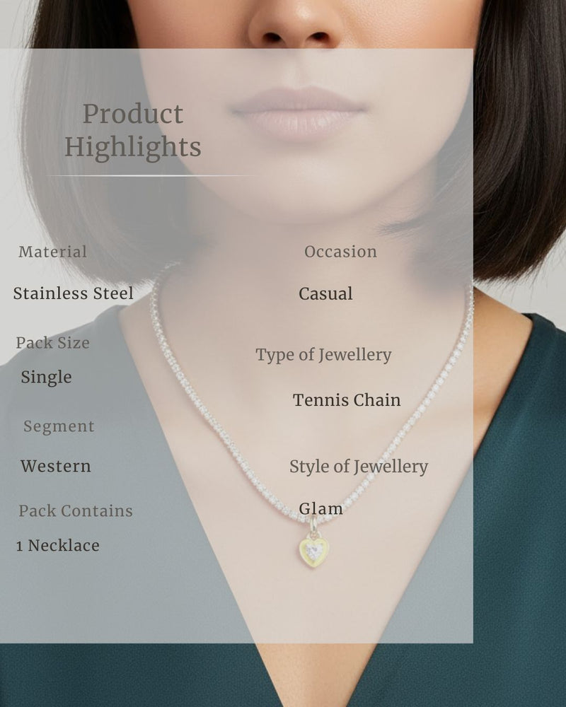 Pink Heart Tennis Chain Necklace | Premium Anti-Tarnish Heart Pendant Necklace | Trendy Everyday Statement Jewellery