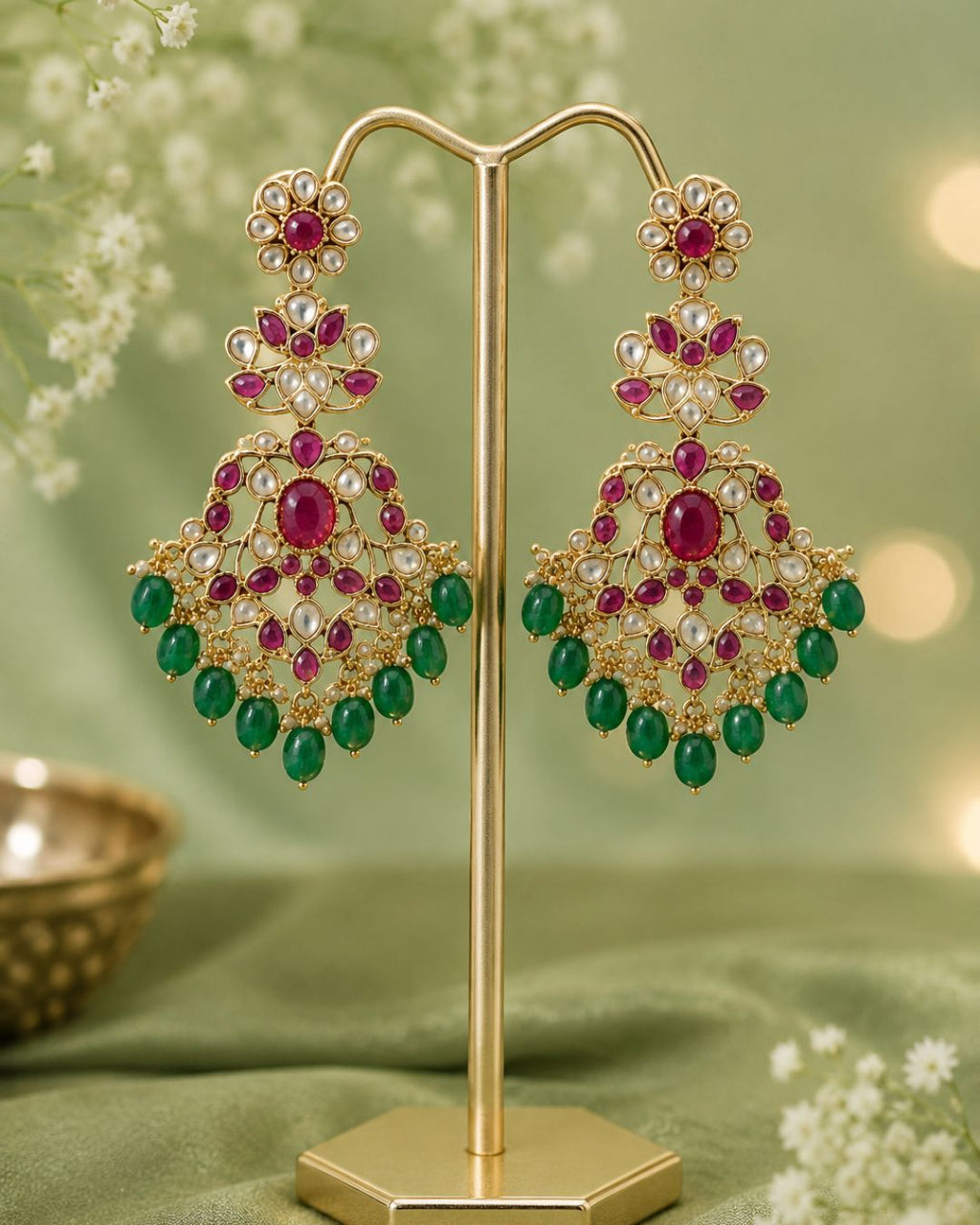 Zarmina Polki Emerald Bridal Necklace Set | 18K Gold Plated Green Beads, Red & White Stone Statement Jewellery