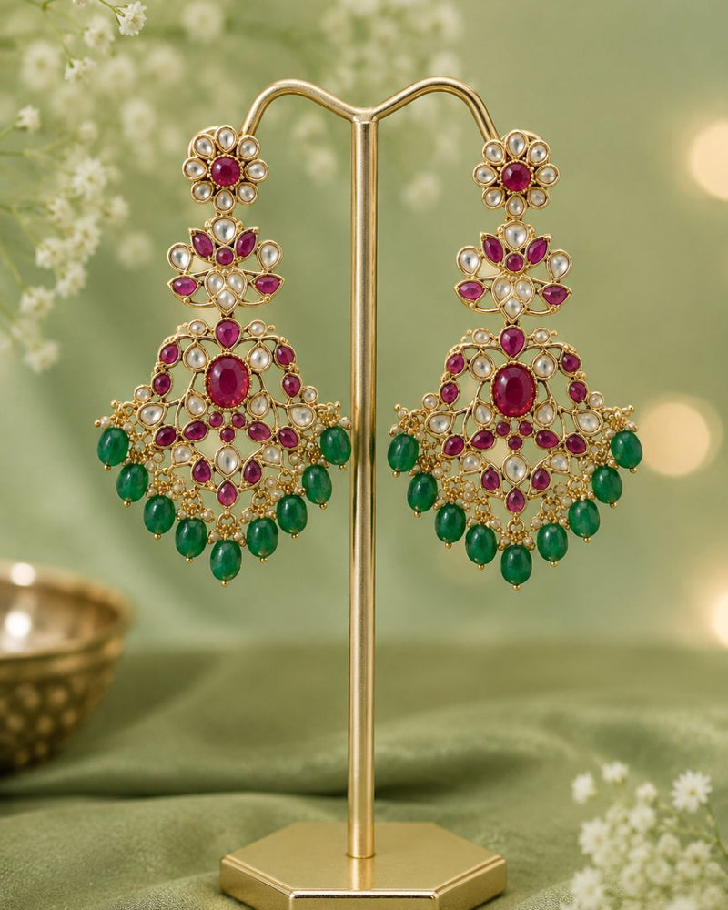 Zarmina Polki Emerald Bridal Necklace Set | 18K Gold Plated Green Beads, Red & White Stone Statement Jewellery