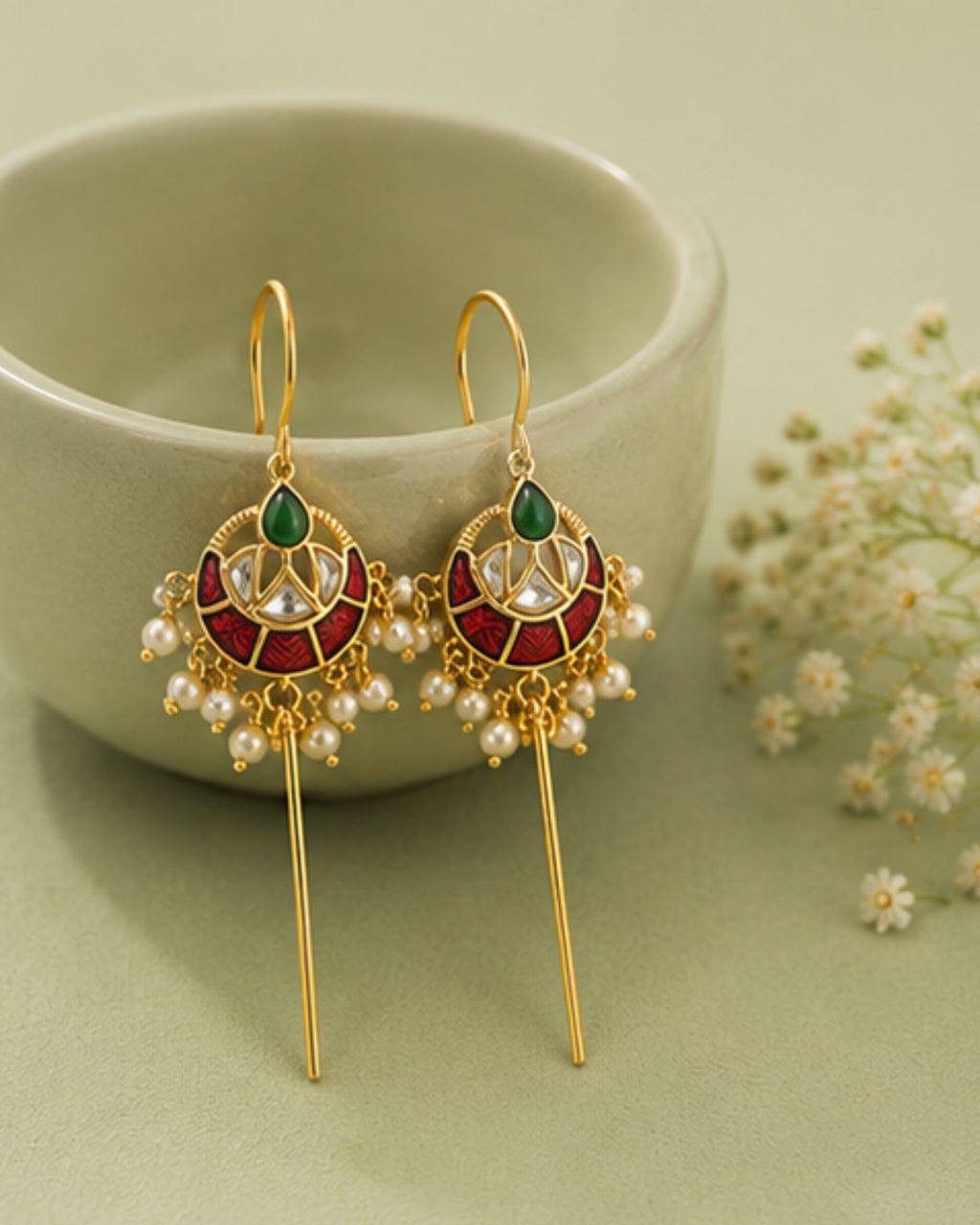 Vira Temple Pearl Ear Cuff | Temple Design Sui Dhaaga Stick Earrings | 18K Gold Plated Jewellery