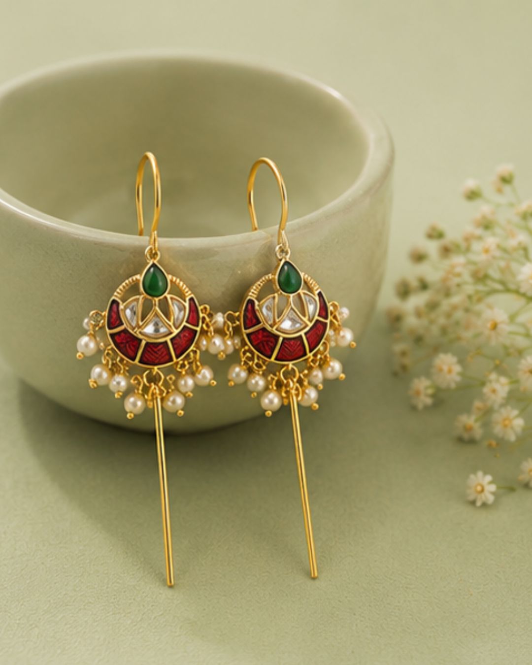 Vira Temple Pearl Ear Cuff | Temple Design Sui Dhaaga Stick Earrings | 18K Gold Plated Jewellery