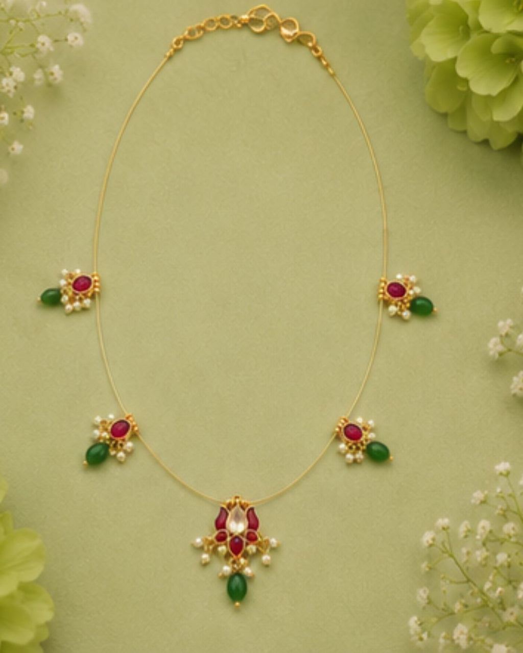Lotus Wire Necklace with Pearl Drops & Red Green Stones | 18K Gold Plated Festive Temple Necklace