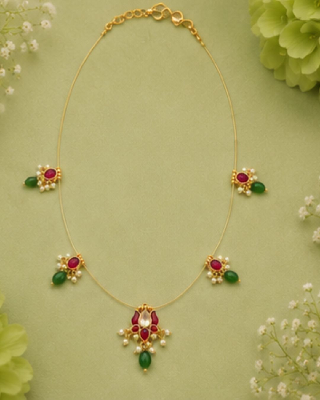 Lotus Wire Necklace with Pearl Drops & Red Green Stones | 18K Gold Plated Festive Temple Necklace