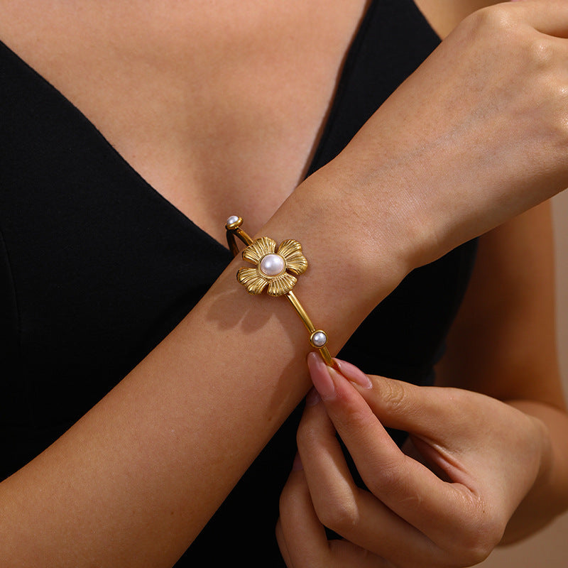 Premium Pearl Cuff Bracelet | Flower & Bow Stainless Steel 18K Gold Plated Bracelet for Women