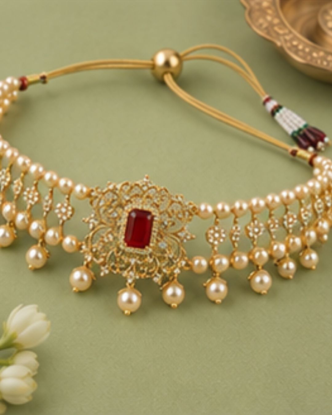 Rajwada Pearl Choker Set | CZ & Gemstone Bridal Necklace Set