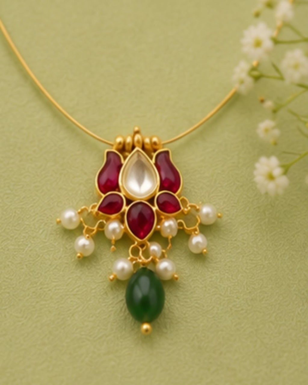 Lotus Wire Necklace with Pearl Drops & Red Green Stones | 18K Gold Plated Festive Temple Necklace