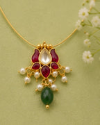 Lotus Wire Necklace with Pearl Drops & Red Green Stones | 18K Gold Plated Festive Temple Necklace