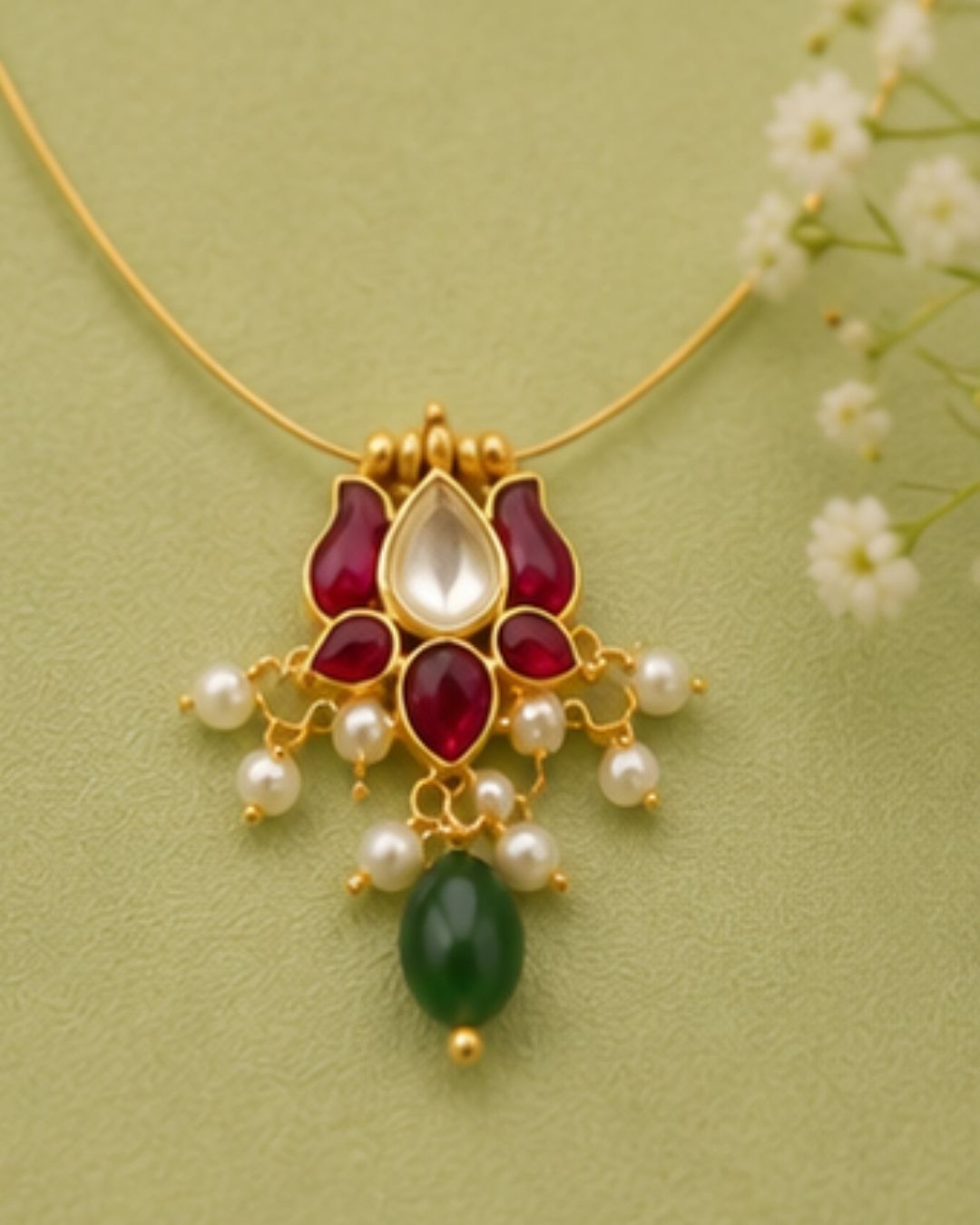 Lotus Wire Necklace with Pearl Drops & Red Green Stones | 18K Gold Plated Festive Temple Necklace