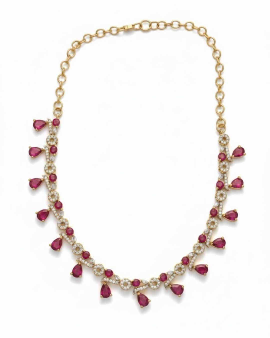 Ruby Teardrop Pavé Necklace Set with Earrings | 18K Gold Plated Red & White Stone Studded Cocktail Jewellery