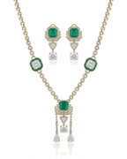 Emerald Asteria American Diamond Necklace Set | Green Stone CZ Chain Link & Diamond Drop Statement Jewellery