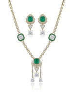 Emerald Asteria American Diamond Necklace Set | Green Stone CZ Chain Link & Diamond Drop Statement Jewellery