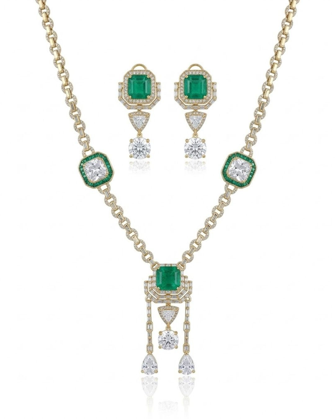 Emerald Asteria American Diamond Necklace Set | Green Stone CZ Chain Link & Diamond Drop Statement Jewellery