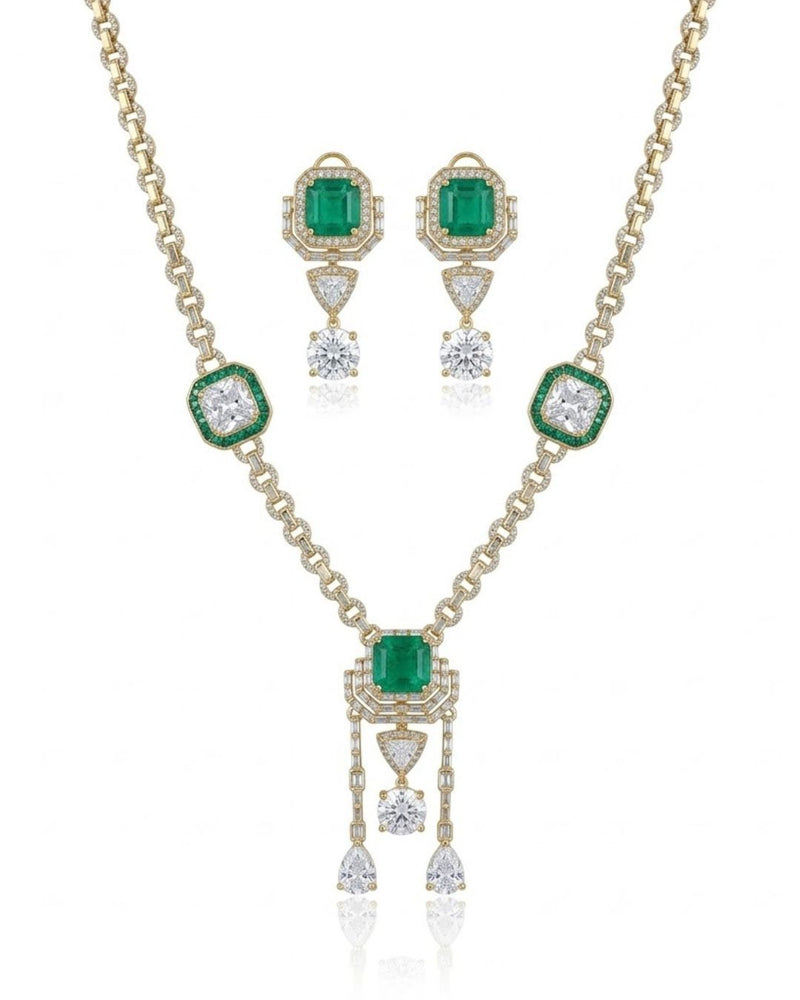 Emerald Asteria American Diamond Necklace Set | Green Stone CZ Chain Link & Diamond Drop Statement Jewellery