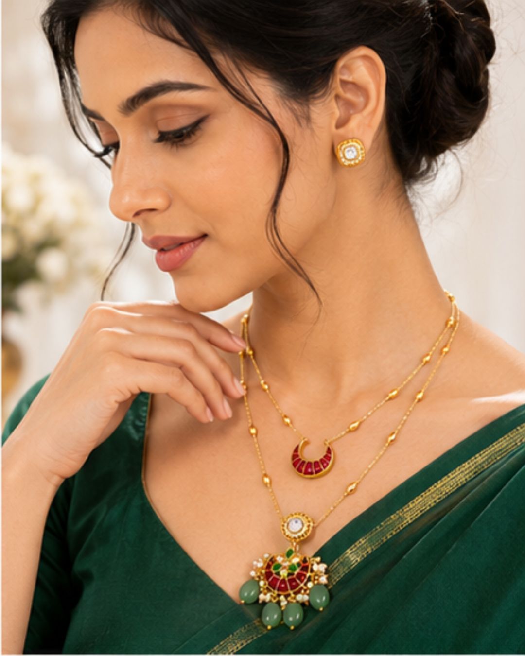 Noor Chand Kundan Necklace & Earrings Set | Women’s Multi-Color Double Layer 18K Gold Plated Festive Jewellery