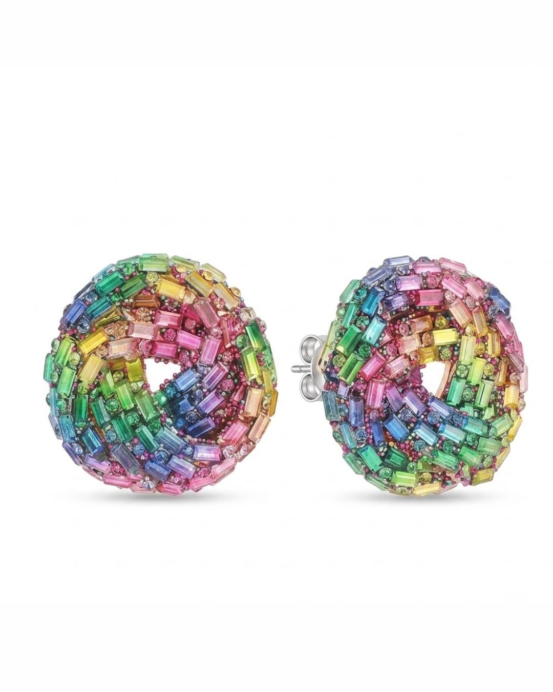 Prism Spiral Statement Earrings | Hand-Beaded Multi-Color & Silver Disc Earrings