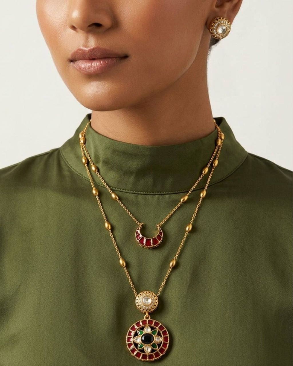 Noor Dual Layer Kundan Necklace & Earrings Set | Women’s Multi-Color Gold Plated Festive Statement Jewellery