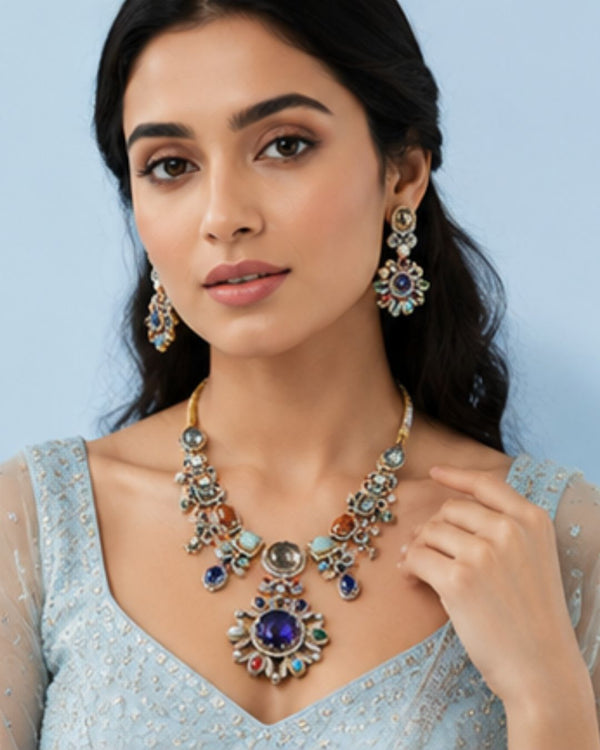 Sabhyaraa Heritage Multicoloured Stone Heavy Set | Bridal Statement Jewellery