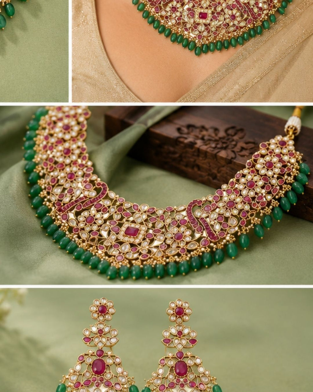 Zarmina Polki Emerald Bridal Necklace Set | 18K Gold Plated Green Beads, Red & White Stone Statement Jewellery
