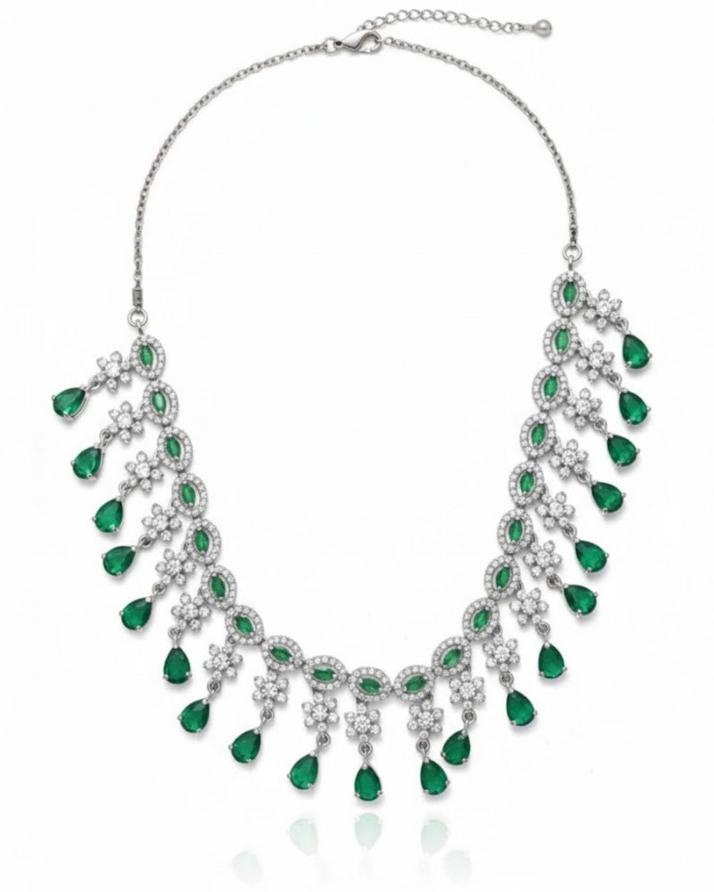 Emerald Fringe CZ Necklace Set | Rhodium-Plated Green & White Cubic Zirconia Cocktail Statement Jewellery