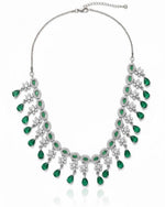 Emerald Fringe CZ Necklace Set | Rhodium-Plated Green & White Cubic Zirconia Cocktail Statement Jewellery