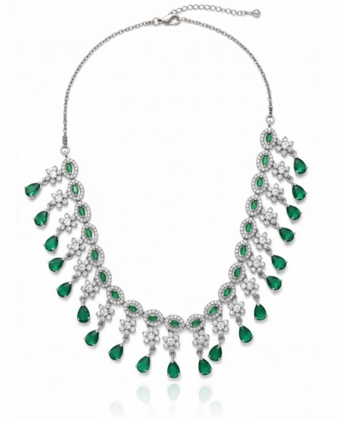 Emerald Fringe CZ Necklace Set | Rhodium-Plated Green & White Cubic Zirconia Cocktail Statement Jewellery