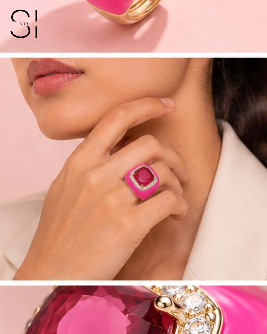 Rosé Royale Crystal Ring | Adjustable Enamel Cocktail Ring