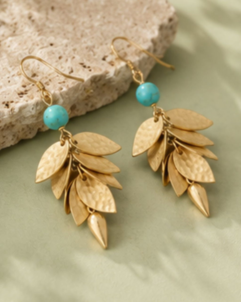 Turquoise Leaf Cascade Drop Earrings | Gold-Tone Statement Earrings
