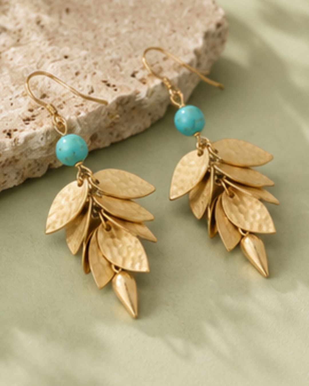 Turquoise Leaf Cascade Drop Earrings | Gold-Tone Statement Earrings