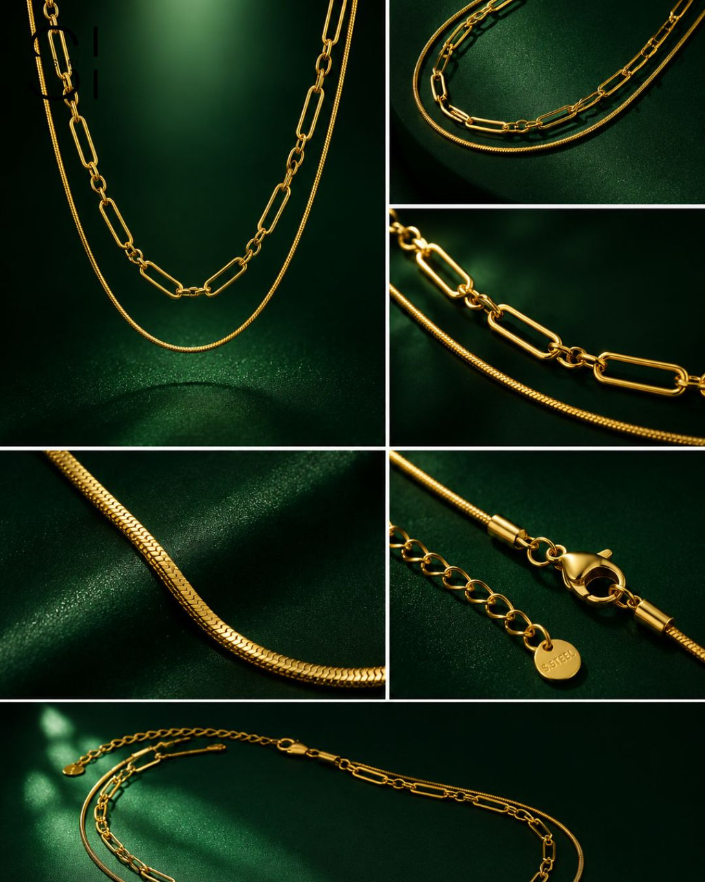 Dual Layer Chain Necklace | 18K Gold Plated Layered Snake & Link Chain Necklace