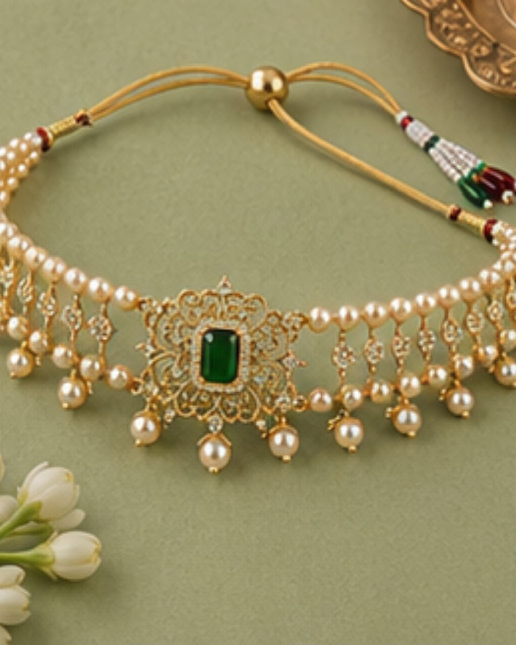 Rajwada Pearl Choker Set | CZ & Gemstone Bridal Necklace Set