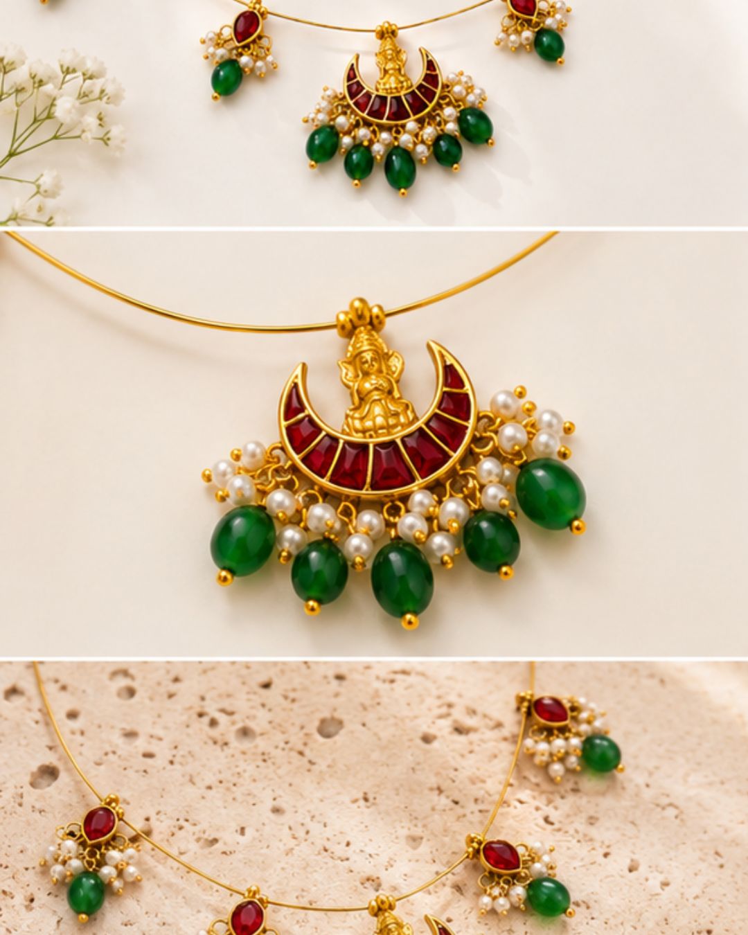 Lakshmi Kundan Pearl Wire Necklace | Temple Festive Jewellery | 18K Gold Plated Ruby & Pearl Necklace