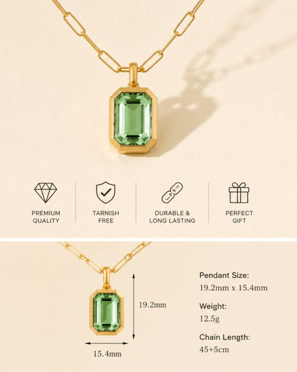 Aurelia Emerald Cut Pendant Necklace | 18K Gold Plated Crystal Pendant Necklace