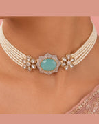 Aqua Bloom Pearl Choker Set | Floral Pearl Necklace, Earrings