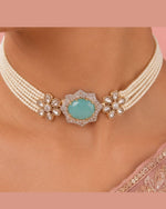 Aqua Bloom Pearl Choker Set | Floral Pearl Necklace, Earrings