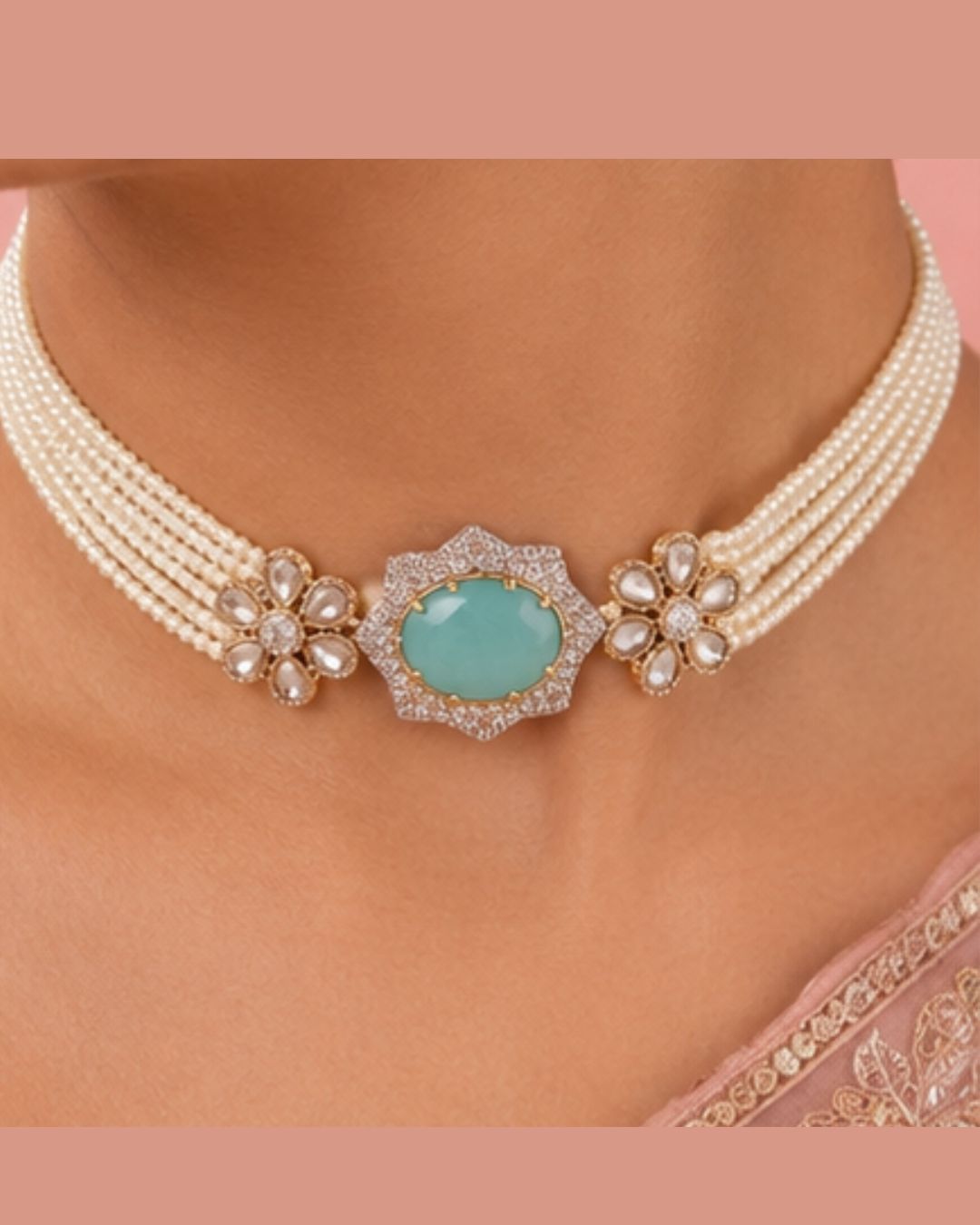 Aqua Bloom Pearl Choker Set | Floral Pearl Necklace, Earrings