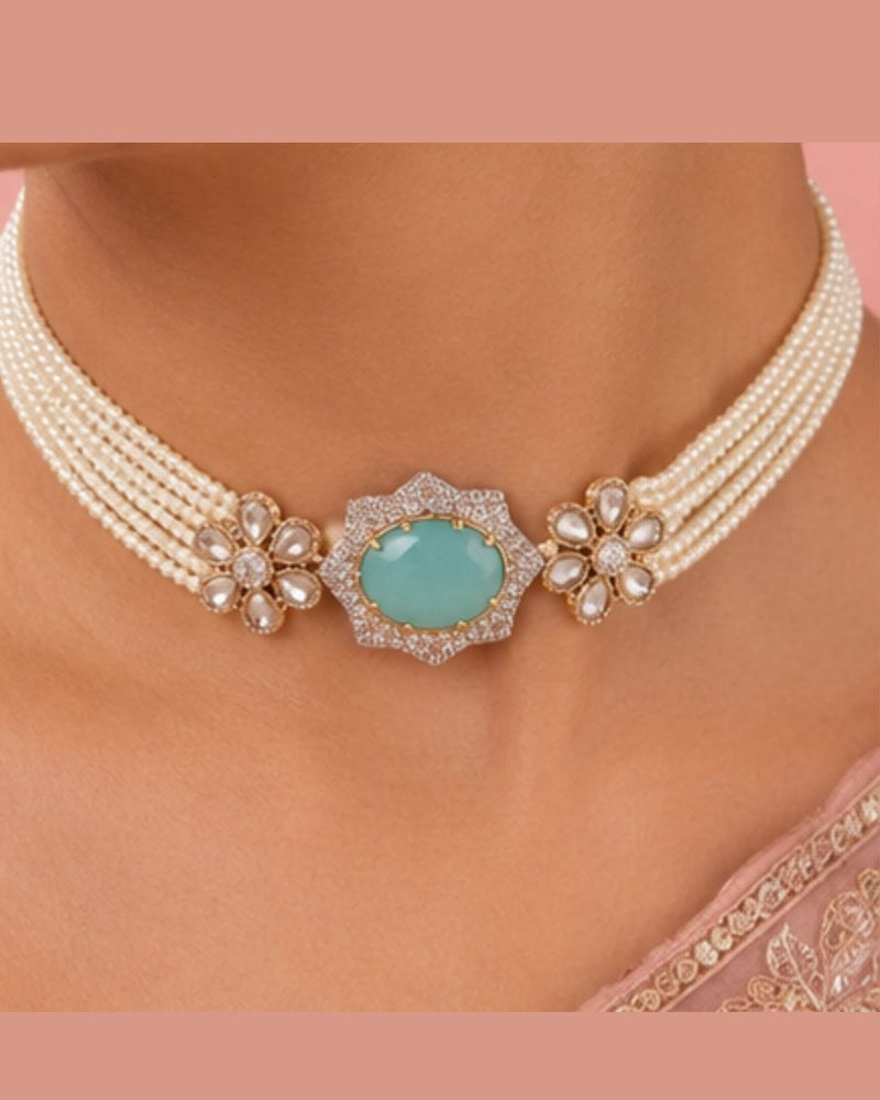 Aqua Bloom Pearl Choker Set | Floral Pearl Necklace, Earrings