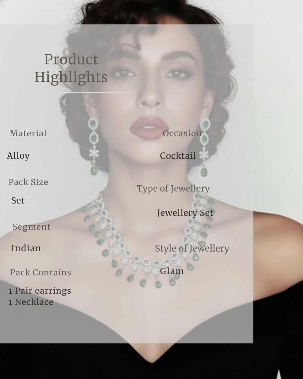 Emerald Fringe CZ Necklace Set | Rhodium-Plated Green & White Cubic Zirconia Cocktail Statement Jewellery