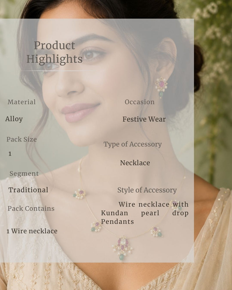 Lotus Wire Necklace with Pearl Drops & Red Green Stones | 18K Gold Plated Festive Temple Necklace