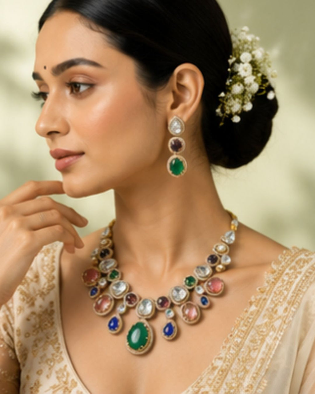 Sabhyaraa Royal Navratna Kundan Bridal Set (Necklace & Earrings) | Heavy 18K Gold Plated Jewellery