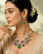Sabhyaraa Royal Navratna Kundan Bridal Set (Necklace & Earrings) | Heavy 18K Gold Plated Jewellery