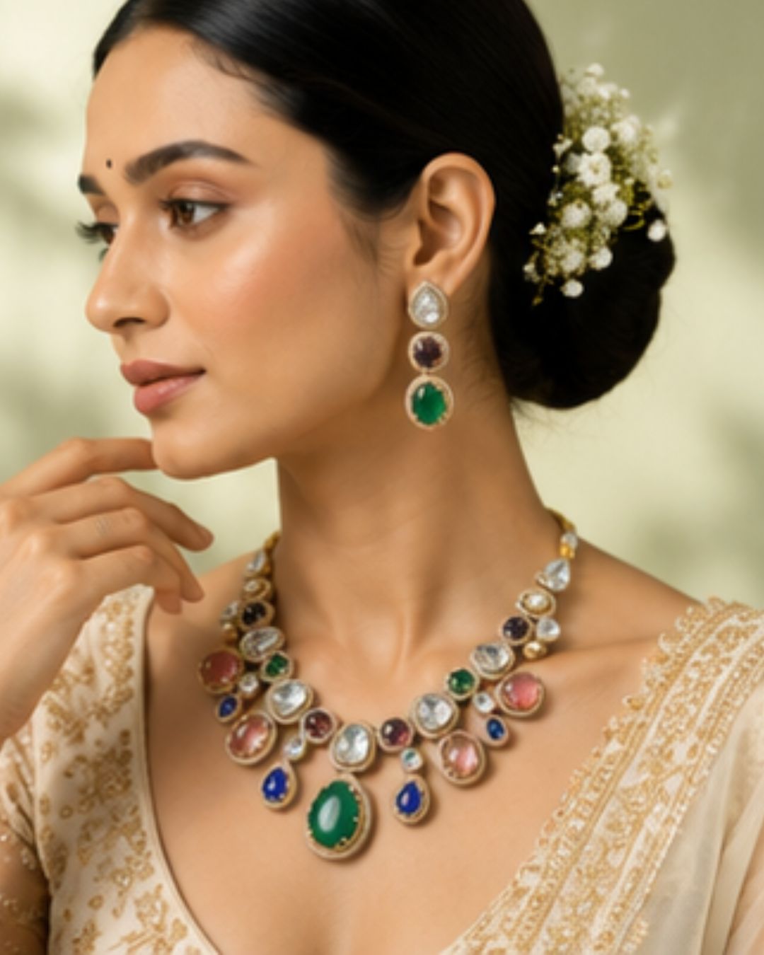 Sabhyaraa Royal Navratna Kundan Bridal Set (Necklace & Earrings) | Heavy 18K Gold Plated Jewellery