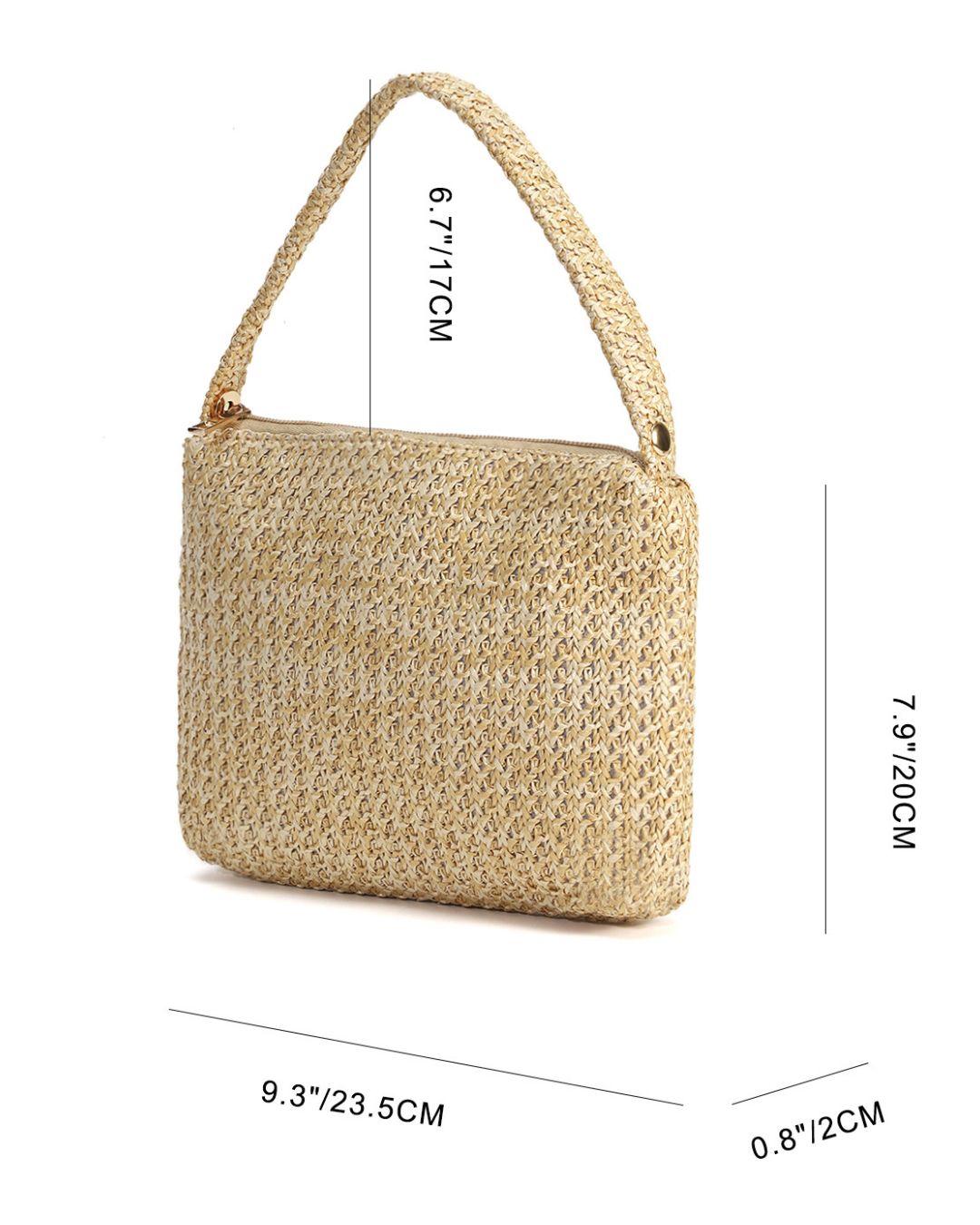 Beige straw handbag with dimensions indicated on a white background